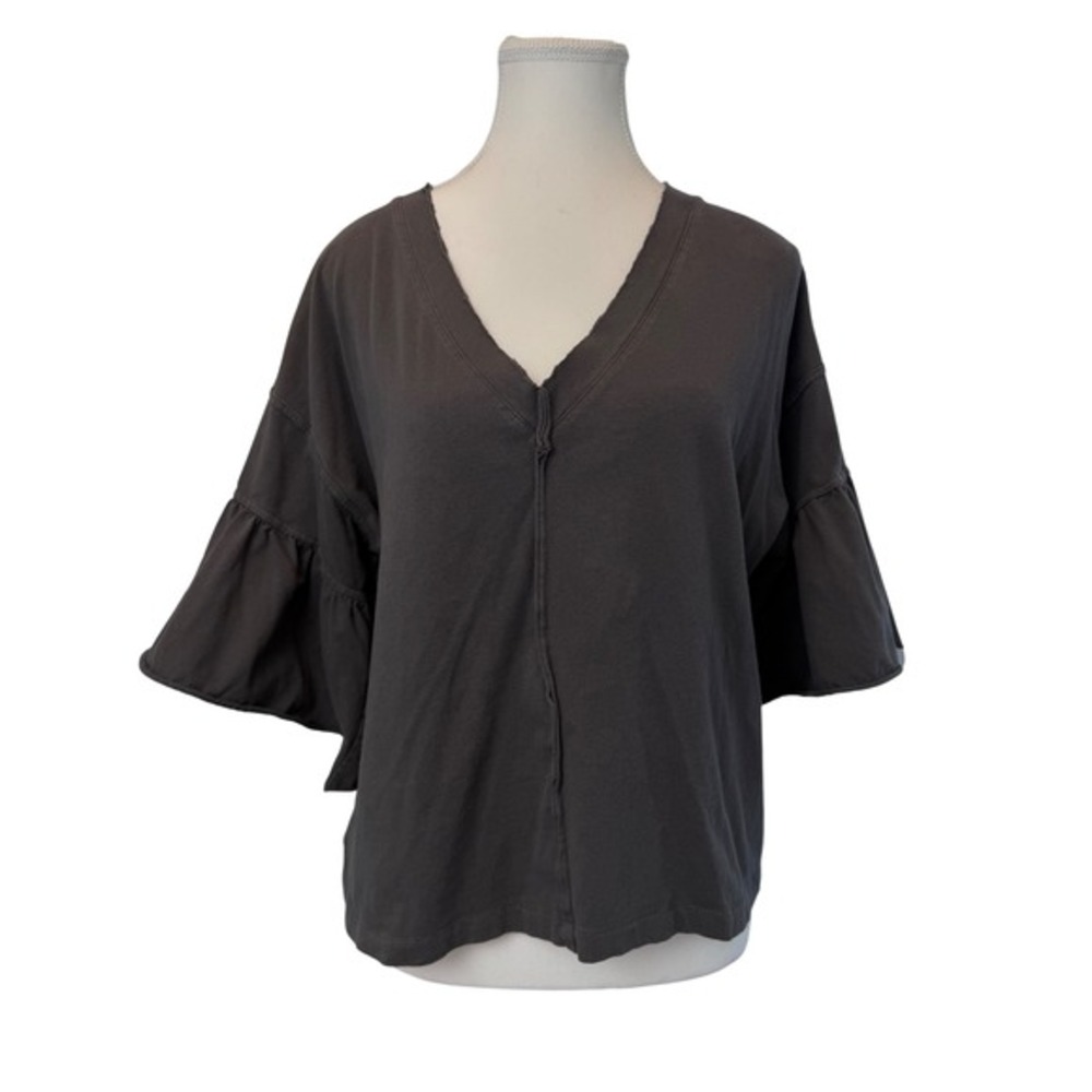 Peasant Top Med/Lrg Gray V-Neck‎ Raw Edge Bell Sleeve Top Boho Oversized  Basics